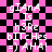 Pixelated text on a pink and black checkered background with visible distortion effects.