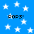 Blue background with white stars and four instances of the text 'POPS!' in black pixelated font.