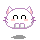 Four pixelated cat head icons arranged in a , each with white fur, pink inner ears, black eyes, and gray shadows beneath