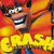 Pixelated cartoon character with wide grin, raised arms, and yellow text below against red-orange gradient background.