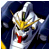 Pixelated static image of a white and yellow robot head with red mouth detail against dark blue background.