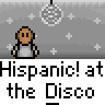 Animated contact sheet of a pixel art icon featuring repeated text and stick figures dancing against a gray starry background with hanging ornaments.