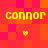 Pixelated yellow text "connor" appears four times on a red-orange checkered background with small heart symbols below each instance.