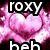 Animated pink heart-shaped background with white text 'roxy' and 'heh' in pixelated font, featuring a gray overlay on the right side.