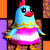 Pixelated cartoon chicken with light blue body, red comb, red beak, and pink apron over yellow collar, standing against dark background with orange and purple side panels.