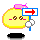 A 40x40 pixel animated AIM buddy icon featuring a yellow cartoon character with pink cheeks and brown eyes holding a blue sign that changes from red arrow to yellow arrow across two frames.