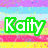 Green text 'Kaity' on a pixelated background with horizontal stripes of purple, blue, pink, yellow, and gray.