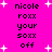 Pixelated text on a bright pink background with white starbursts, displaying 'nicole roxx your soxx off' in two vertical