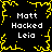Black background with yellow pixelated border and central starburst; four identical text blocks reading "Matt Hacked Leia" in white pixelated font.