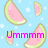 Pixelated watermelon slices float on a light blue background with white dots; pink text reads "Ummmm," "Juicy," and "XxX" in different positions.