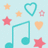 Pixel art icon with light blue and dark blue sections containing musical notes, stars, hearts, and pink text phrases.