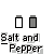 Two pixelated salt and pepper shakers with white and gray fill, positioned above stylized text reading Salt and Pepper on a light gray background.