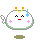 Two side-by-side pixel art frames of a round white character with green base, orange/yellow antennae, pink plus marks on cheeks, and blue water droplet changing position between frames.