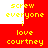 Red background with yellow pixelated text reading 'screw everyone i love courtney' in a pattern, with white rectangular cutouts in the top-left and bottom-center