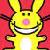 Yellow cartoon rabbit with pink nose and wide grin on red background, text reads 'hating makes you all warm inside' in white pixelated font.