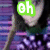 Pixelated anime-style character with dark hair and purple headpiece, overlaid with green and white text elements on a striped background.