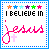 Pixelated icon with blue dotted border, six colored stars above text reading 'I BELIEVE IN' and pink handwritten-style 'Jesus' below.