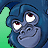 Pixelated blue cartoon character with large white eyes, red pupils, and a wide grin, set against a gradient background transitioning from green to blue.