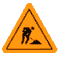 Yellow triangular warning sign with black border showing a worker digging, displayed in multiple orientations including front-facing and side views.