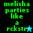 Green pixelated text 'melisha parties like a rckstr' on black and cyan backgrounds with star symbols, one blue and one black.