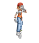 A character with red hair and orange shirt performs various poses against gray background.