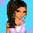 Pixel art buddy icon featuring a woman with long brown braided hair wearing a pink halter top over white, set against a bright blue background with purple text and pixelated square accents.