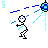 Animated sequence of a stick figure dancing with blue and cyan light trails, text fragments changing above the figure.