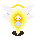 Pixelated angel figure with yellow halo, white wings, and blue chest symbol on gray background.