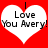 Two white heart shapes on a red background with black text reading "Love You Avery!" inside each heart.
