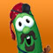 Pixelated green vegetable character with red and black cap, wide eyes, open mouth showing teeth, brown mustache-like shape, orange background.