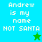 Pixelated text reads "Andrew is my name NOT SANTA" on cyan and green backgrounds with a star icon.