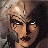 Pixelated close-up of a character with light brown hair, dark eye makeup, and a black outfit against a dark background.