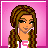 Pixel art of pink background with text and character elements, including a girl with braided hair, a figure with a pink bag, and legs in striped shoes