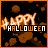 Pixelated Halloween-themed animation with 'HAPPY' in orange flame-like letters above 'HALLOWEEN' text, set against a black background with brown floating shapes.