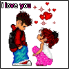 Pixel art of two figures with 'i love you' text, hearts, and stars above them on a white background.
