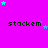 A static image with a bright pink background, multiple small stars in cyan and purple hues scattered across the top and sides, and repeated text "stackem" in dark green pixelated font arranged in three