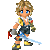 Pixel art character animation frames showing a blonde-haired figure in various poses with a sword and shield, displayed on a gray background.