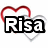 Pixelated red heart outline above black-and-white text reading "Risa" with a gray heart outline behind it on white background.
