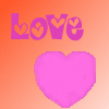 A static icon with a gradient background transitioning from orange to pink, featuring the word 'LOVE' in stylized purple letters with heart shapes inside the letters and a large pink heart below.