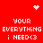 Red background with white pixelated text and symbols arranged in two vertical , featuring a heart and starburst at top and bottom