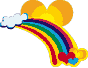 identical cartoon-style icons featuring a rainbow arching over two yellow suns with white clouds, red and blue hearts below the rainbow, all on a gray background