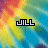 Two side-by-side pixelated images of the word 'JILL' in blocky font against a multicolored tie-dye background with red, orange, yellow, green, and blue hues.
