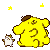 Animated contact sheet of a yellow cartoon character with brown patches and small white sidekick, showing multiple frames of movement against gray background with stars.