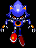 Pixelated blue character with orange accents and red boots, standing against black background; second frame shows fiery explosion effect on torso.
