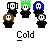 Pixel art buddy icons with skull faces in brown, green, blue, and black variants above a central gray creature icon labeled 'Cold' on a gray background.