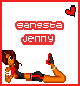 Pixel art of a woman lying on her back with legs raised, wearing red and black clothing, next to text reading 'gangsta jenny' in pixelated font.