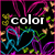 Pixelated animation with neon-colored hearts and floral patterns on black background, displaying sequential text 'color', 'me', 'wild' in white lowercase letters.