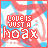 Pixelated text 'LOVE IS JUST A HOAX' in white block letters on a red and blue abstract background with repeating curved shapes.