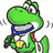 Green cartoon dinosaur with blue collar and yellow chest patches, smiling widely with visible teeth, head tilted back, one arm raised, and motion lines on left side.