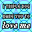 Pixelated text repeats 'I TRIPLEDOG DARE YOU TO love me' across a cyan background with blue geometric patterns, showing color variations in the letters.